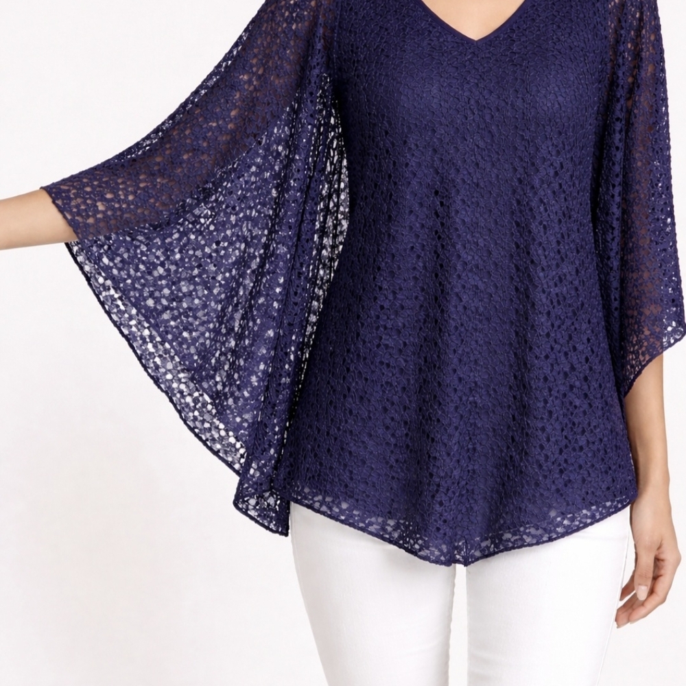 Brittany Black Women's 2X Navy Blue Lace Poncho Top Layered Boho